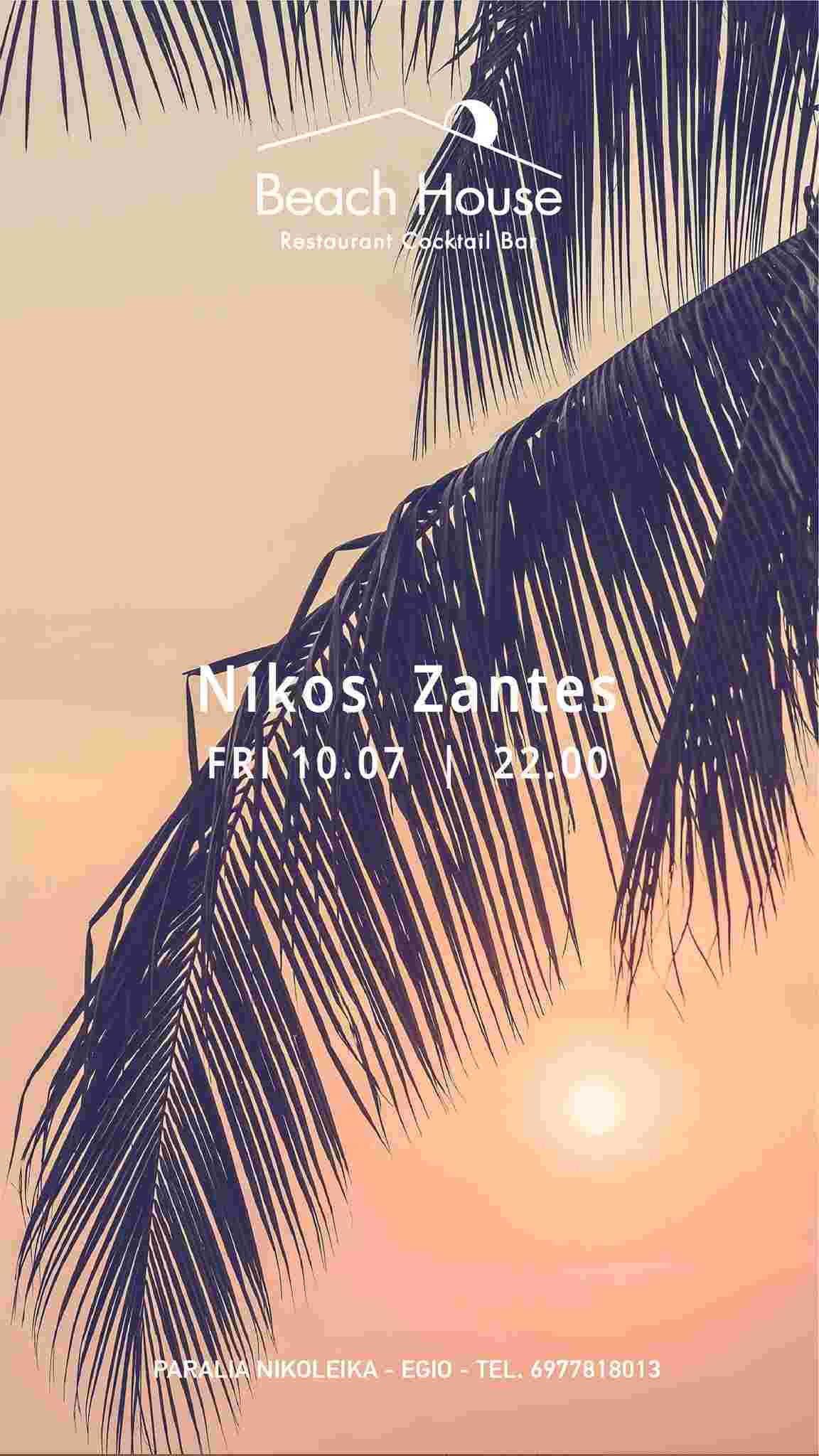 Αφίσα εκδήλωσης στο Beach House με τον Dj Niko Zante στις 10 Ιουλίου 2026 και ώρα 22:00.