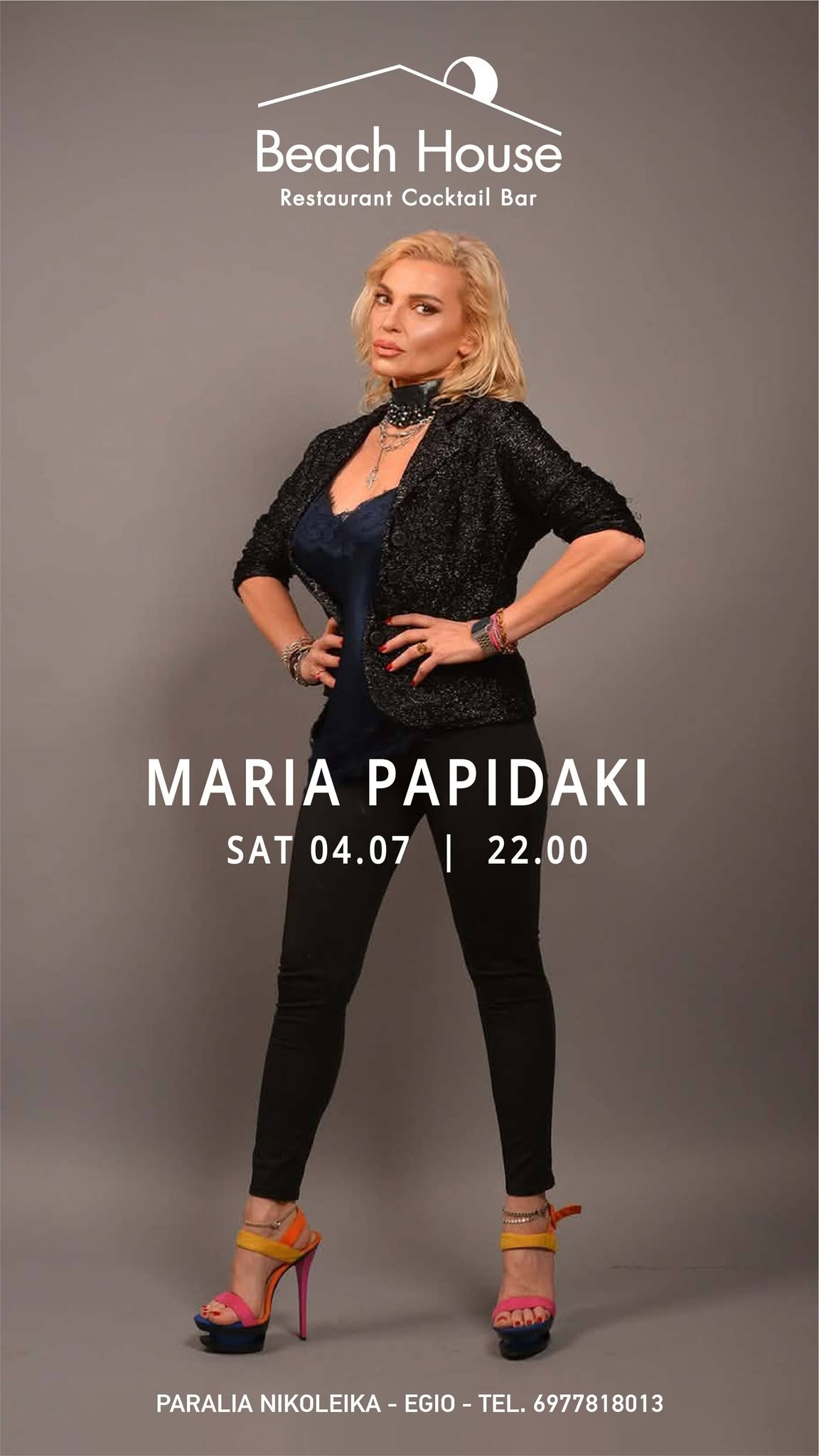 Αφίσα εκδήλωσης με την Maria Papidaki στο Beach House στις 4 Ιουλίου 2026 και ώρα 22:00.
