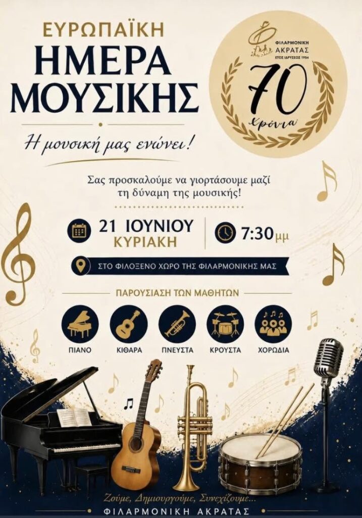 Αφίσα εκδήλωσης από τη Φιλαρμονική Ακράτας στις 21 Ιουνίου στο χώρο της Φιλαρμονικής για την Ευρωπαϊκή Ημέρα Μουσικής στις 19:30.