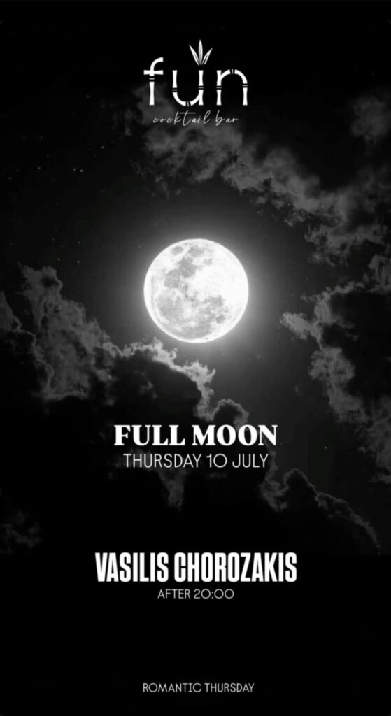 Αφίσα εκδήλωσης στο Fun με Full Moon party και Dj Chorozaki στα decks από τις 20:00 στις 10 Ιουλίου 2025.