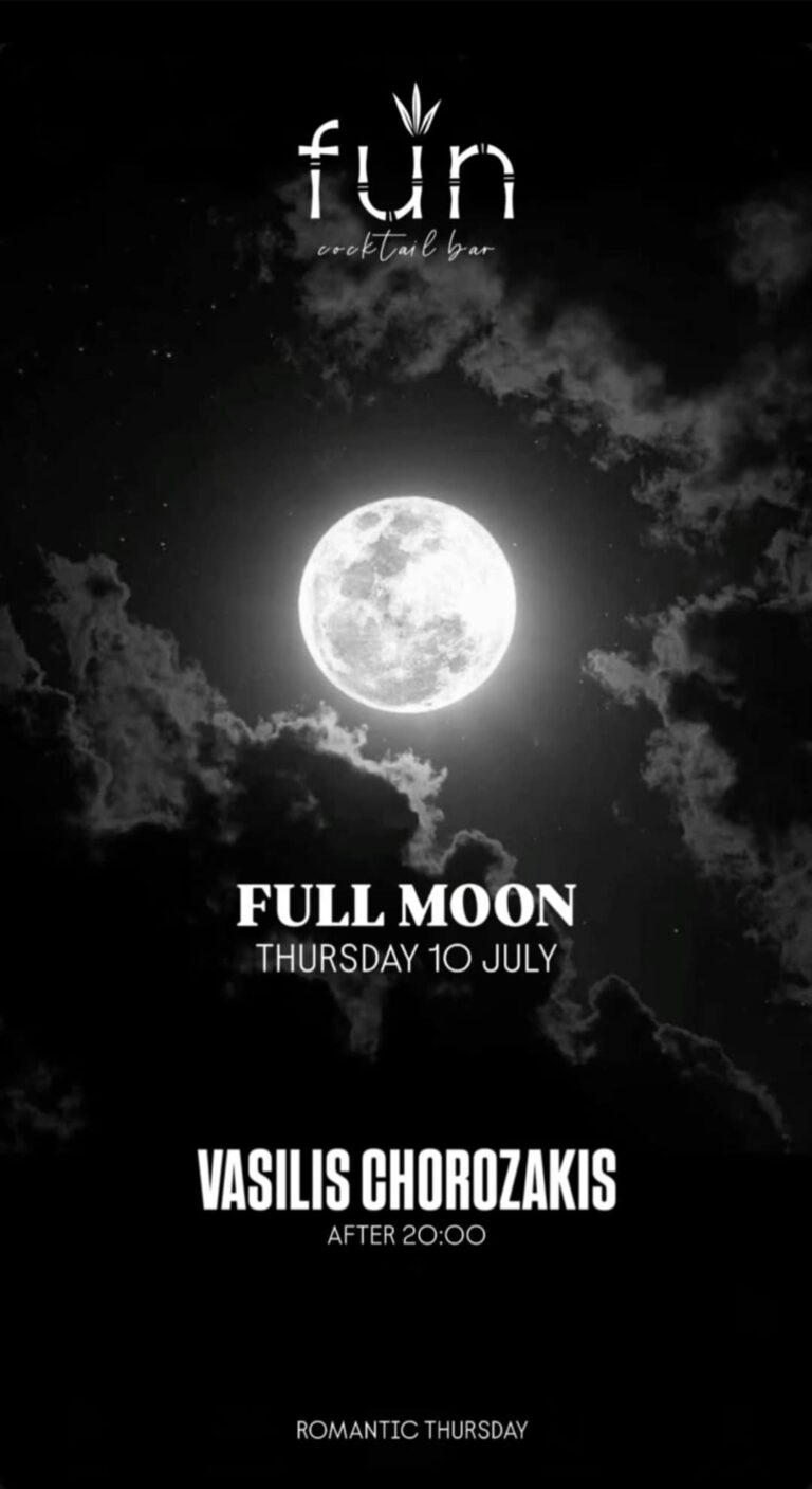 Αφίσα εκδήλωσης στο Fun με Full Moon party και Dj Chorozaki στα decks από τις 20:00 στις 10 Ιουλίου 2025.