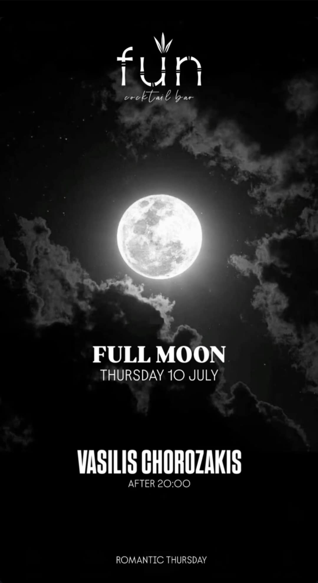 Αφίσα εκδήλωσης στο Fun με Full Moon party και Dj Chorozaki στα decks από τις 20:00 στις 10 Ιουλίου 2025.