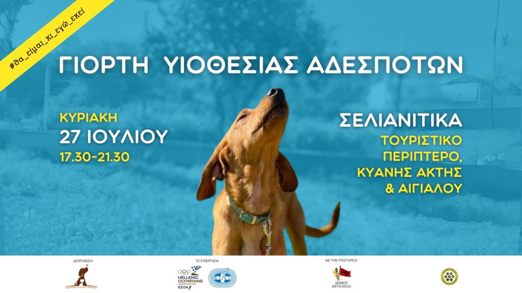 Αφίσα εκδήλωσης από τον φιλοζωικό σύλλογο Αιγιαλείας "Τα Φιλαράκια" στις 27 Ιουλίου με γιορτή υιοθεσίας αδέσποτων. Ώρες 17:30-21:30.