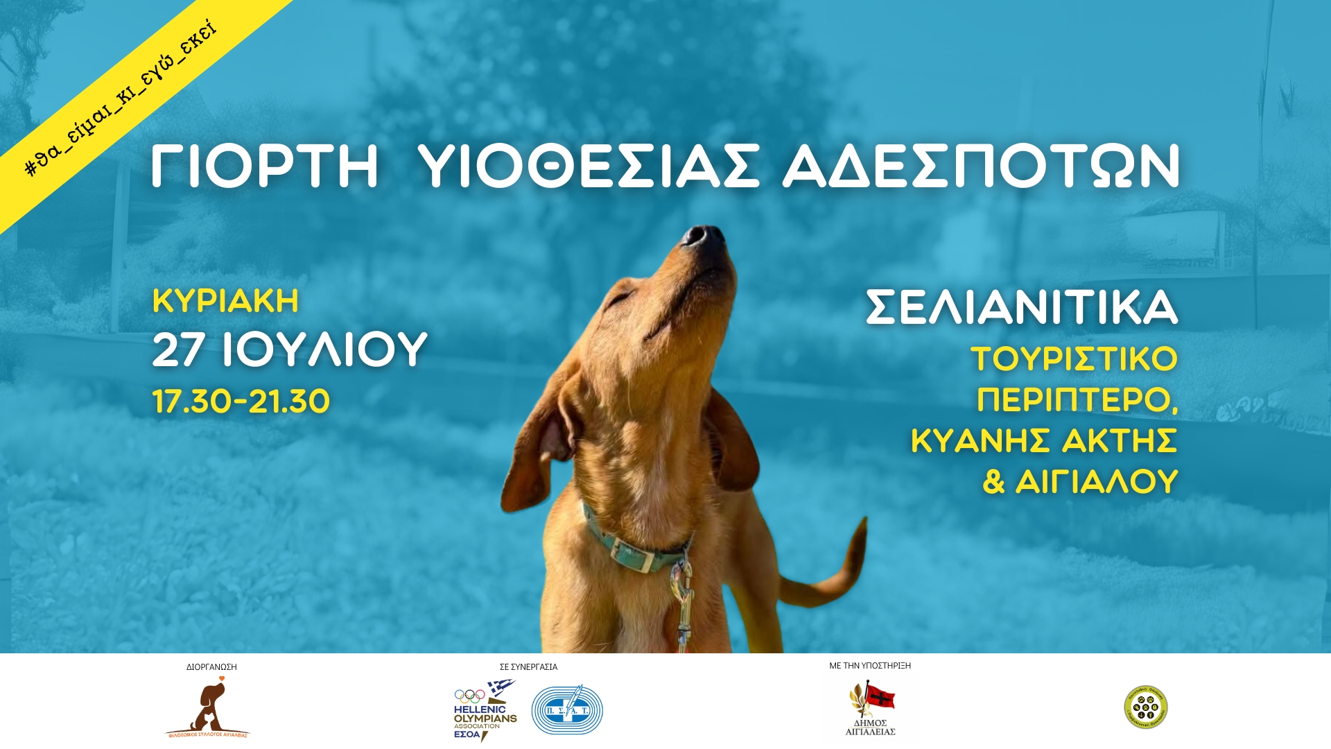 Αφίσα εκδήλωσης από τον φιλοζωικό σύλλογο Αιγιαλείας "Τα Φιλαράκια" στις 27 Ιουλίου με γιορτή υιοθεσίας αδέσποτων. Ώρες 17:30-21:30.