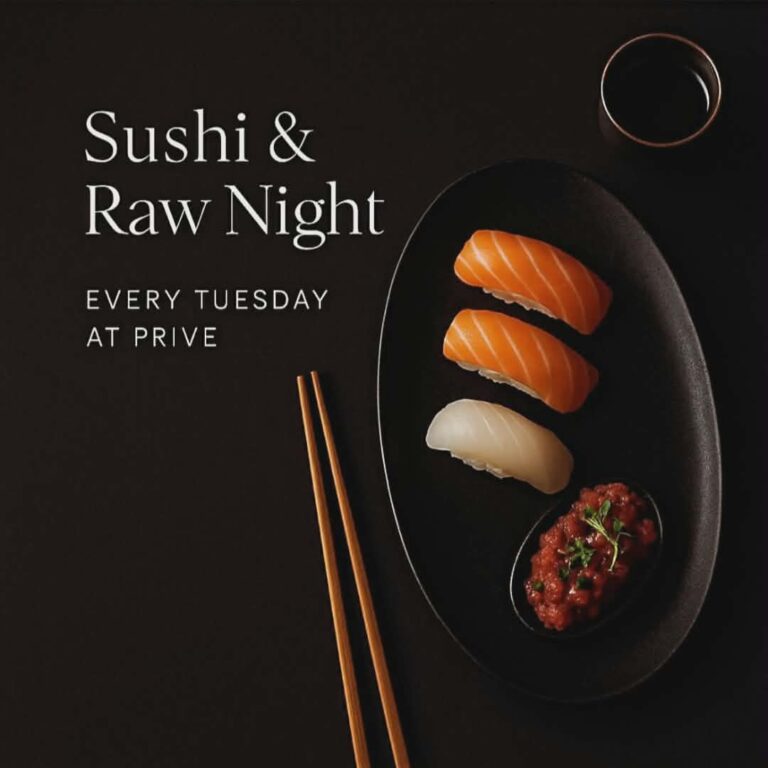 Αφίσα εκδήλωσης με Sushi night στο Prive Beach Bar κάθε Τρίτη.