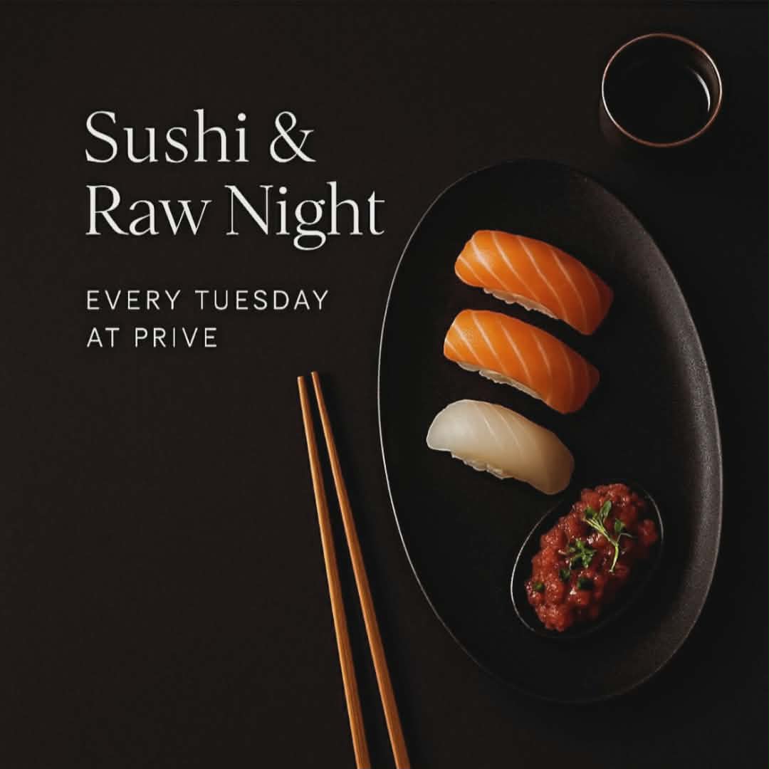 Αφίσα εκδήλωσης με Sushi night στο Prive Beach Bar κάθε Τρίτη.