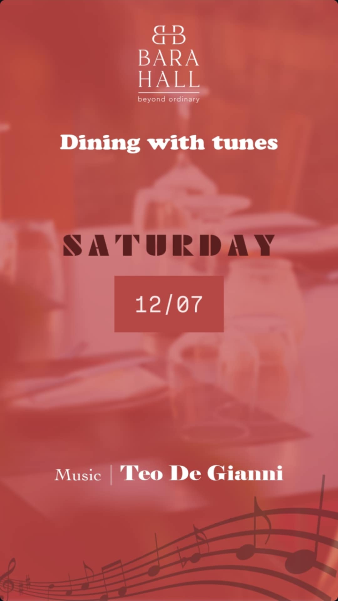 Αφίσα εκδήλωσης στο Bara Hall στις 12 Ιουλίου 2025 με Dj Teo De Gianni.