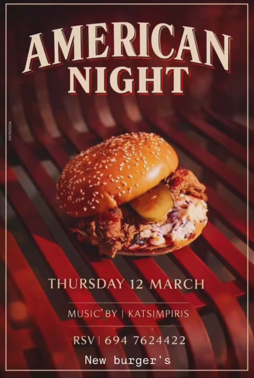 Αφίσα εκδήλωσης στο Μονόδρομο με American Food Night την Πέμπτη 12 Μαρτίου από τις 20:00 η ώρα.