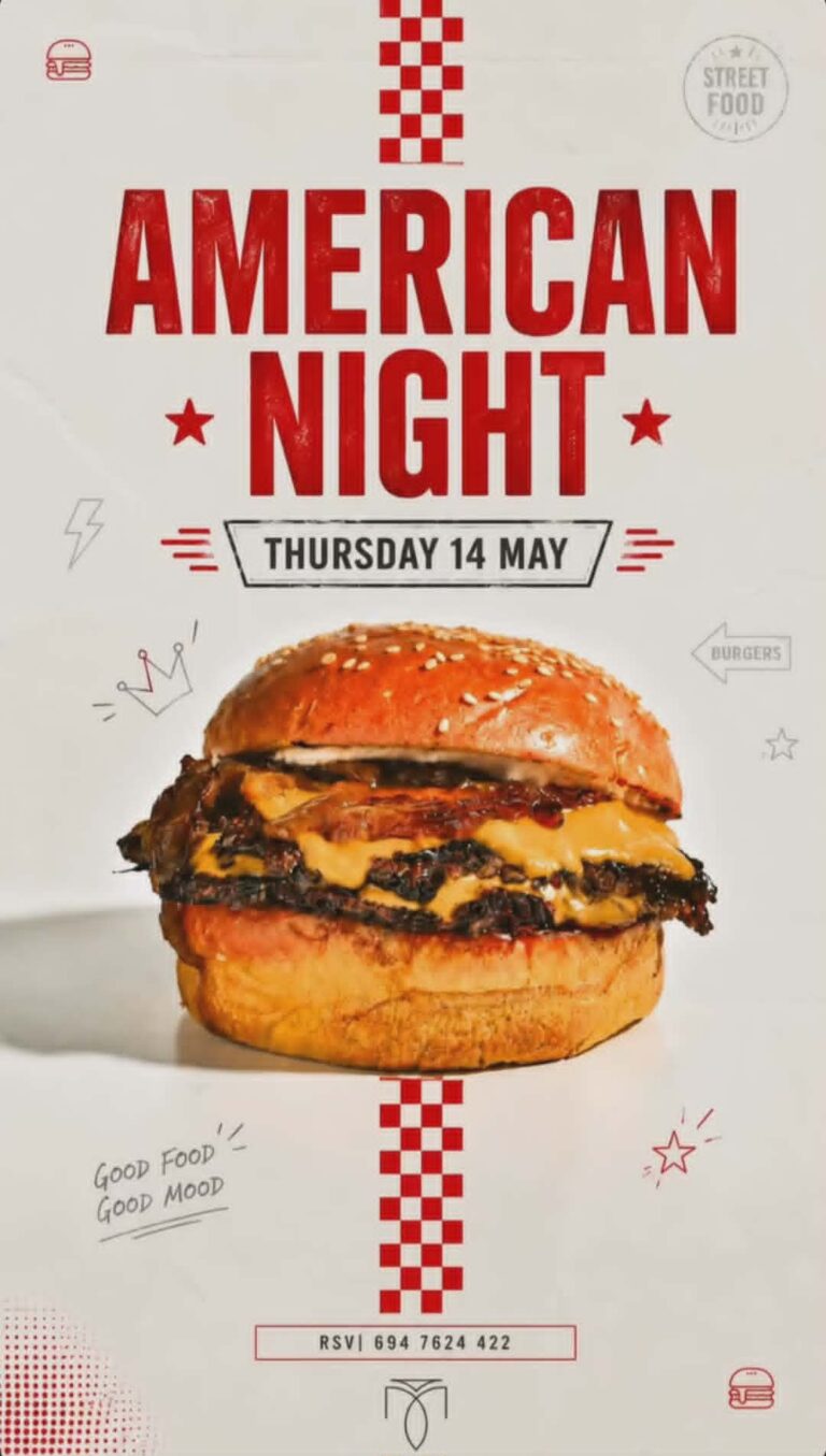 Αφίσα εκδήλωσης στο Μονόδρομο με American Food Night την Πέμπτη 14 Μαΐου από τις 20:00 η ώρα.