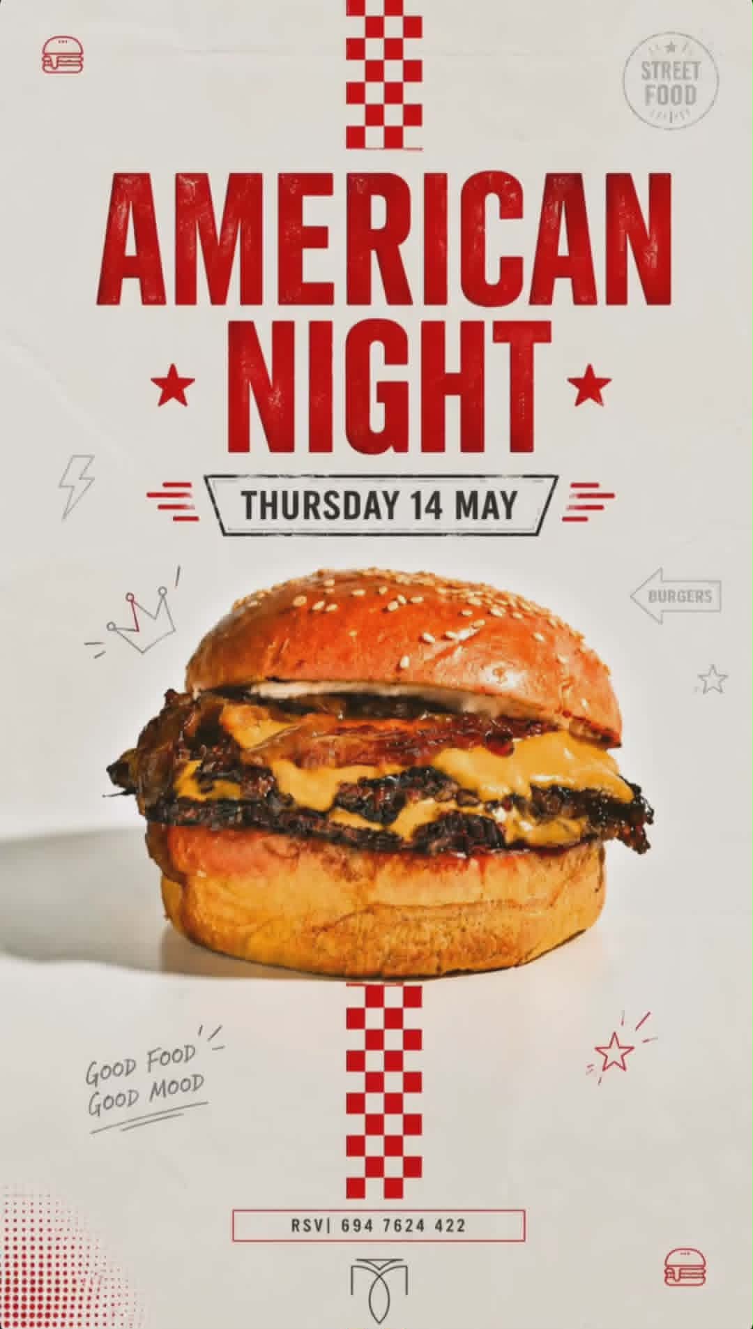 Αφίσα εκδήλωσης στο Μονόδρομο με American Food Night την Πέμπτη 14 Μαΐου από τις 20:00 η ώρα.