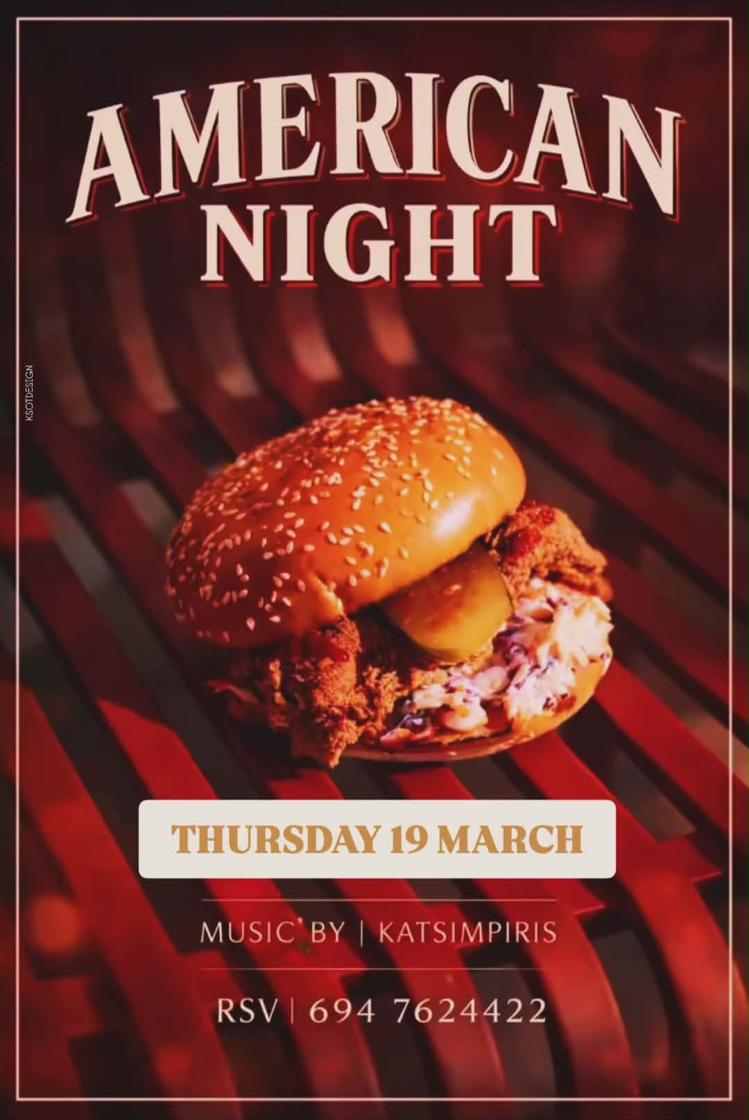 Αφίσα εκδήλωσης στο Μονόδρομο με American Food Night την Πέμπτη 19 Μαρτίου από τις 20:00 η ώρα.