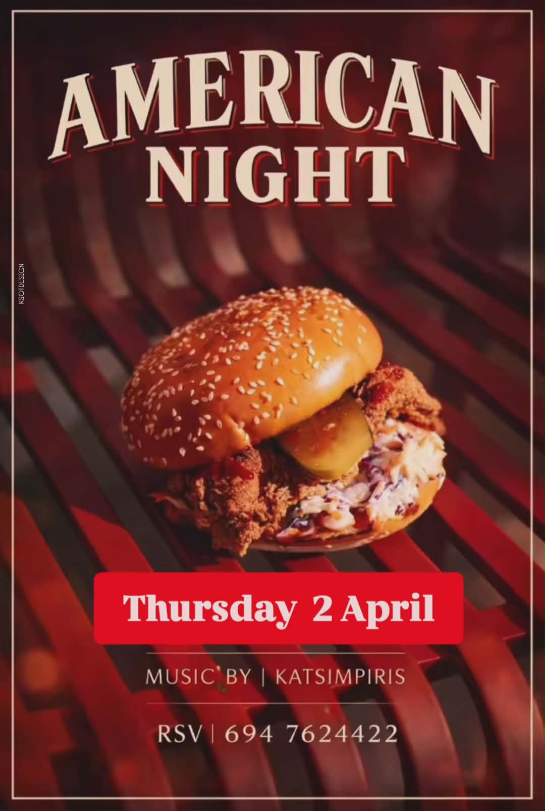 Αφίσα εκδήλωσης στο Μονόδρομο με American Food Night την Πέμπτη 2 Απριλίου από τις 20:00 η ώρα.