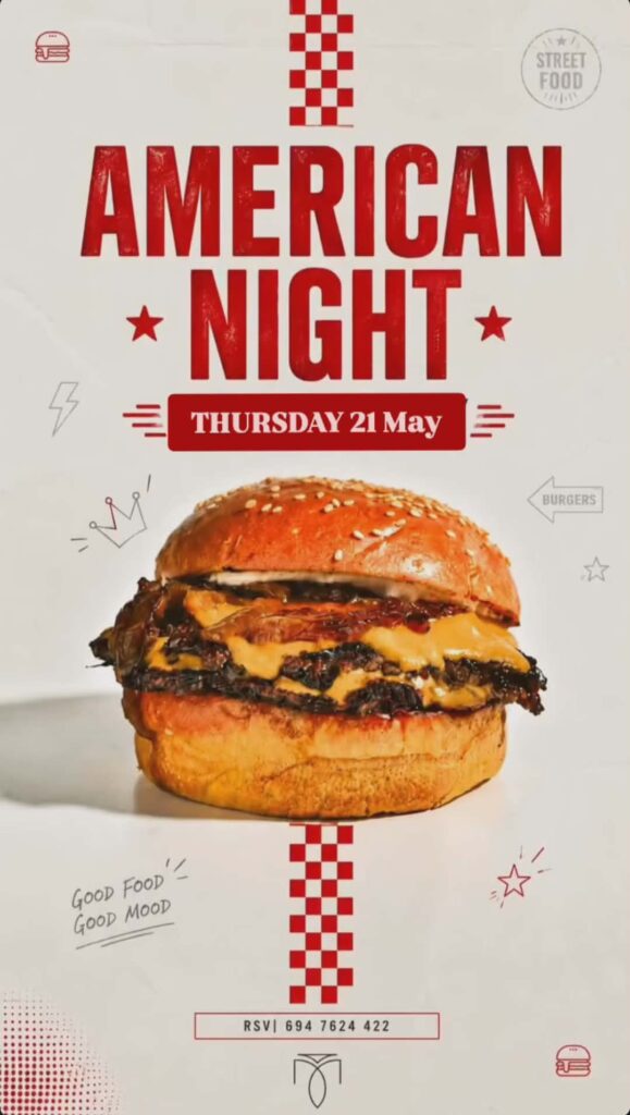 Αφίσα εκδήλωσης στο Μονόδρομο με American Food Night την Πέμπτη 21 Μαΐου από τις 20:00 η ώρα.