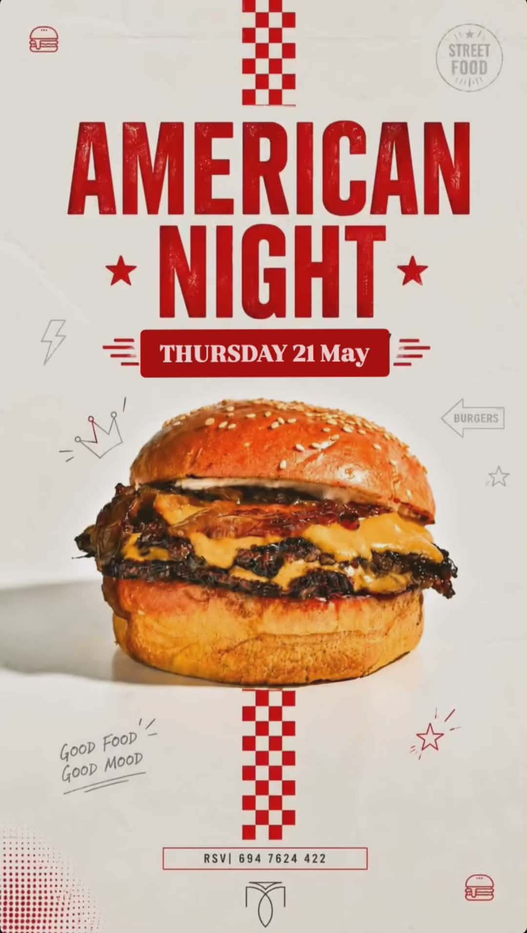 Αφίσα εκδήλωσης στο Μονόδρομο με American Food Night την Πέμπτη 21 Μαΐου από τις 20:00 η ώρα.