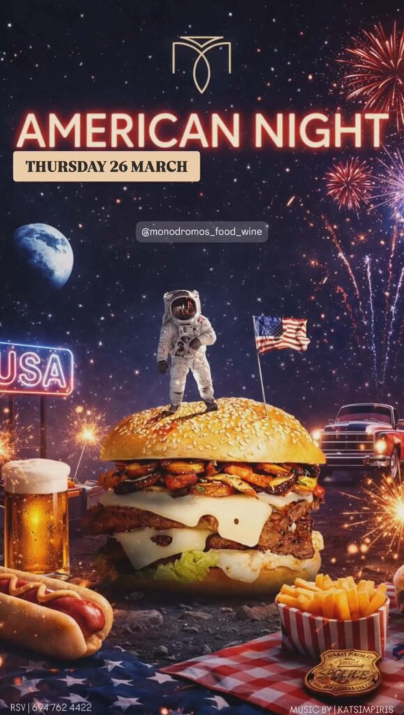 Αφίσα εκδήλωσης στο Μονόδρομο με American Food Night την Πέμπτη 26 Μαρτίου από τις 20:00 η ώρα.