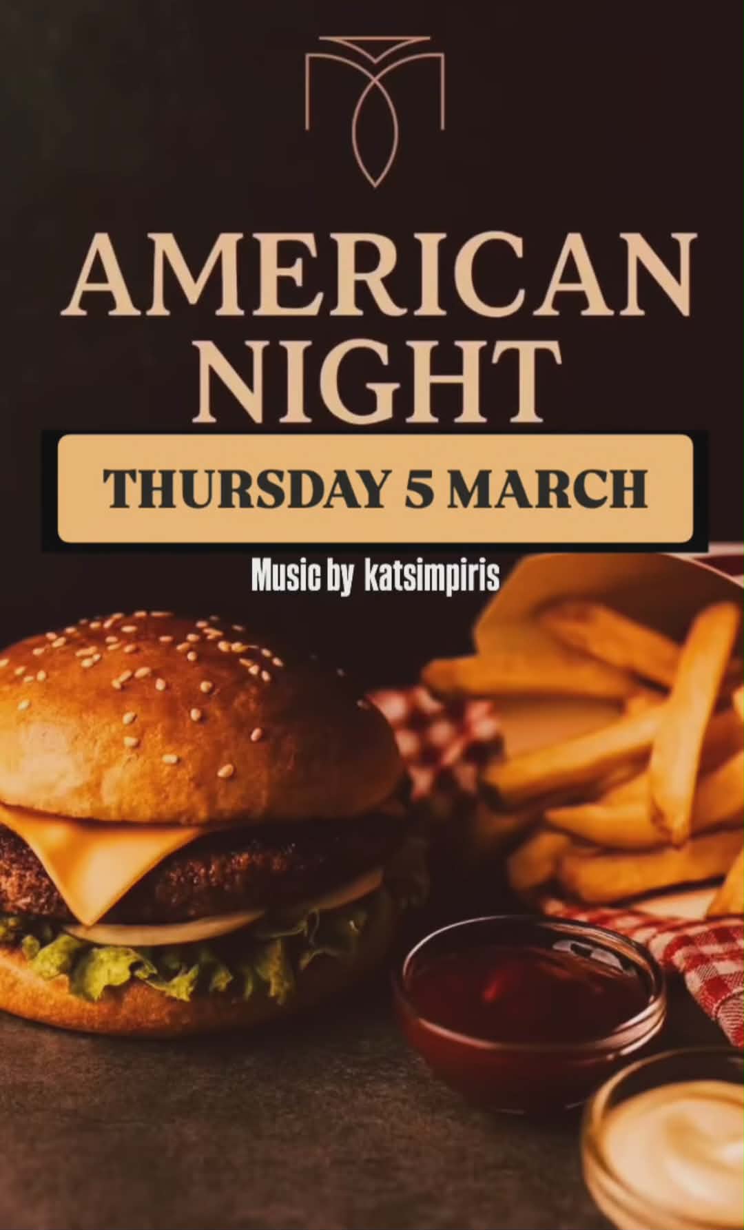 Αφίσα εκδήλωσης στο Μονόδρομο με American Food Night την Πέμπτη 5 Μαρτίου από τις 20:00 η ώρα.