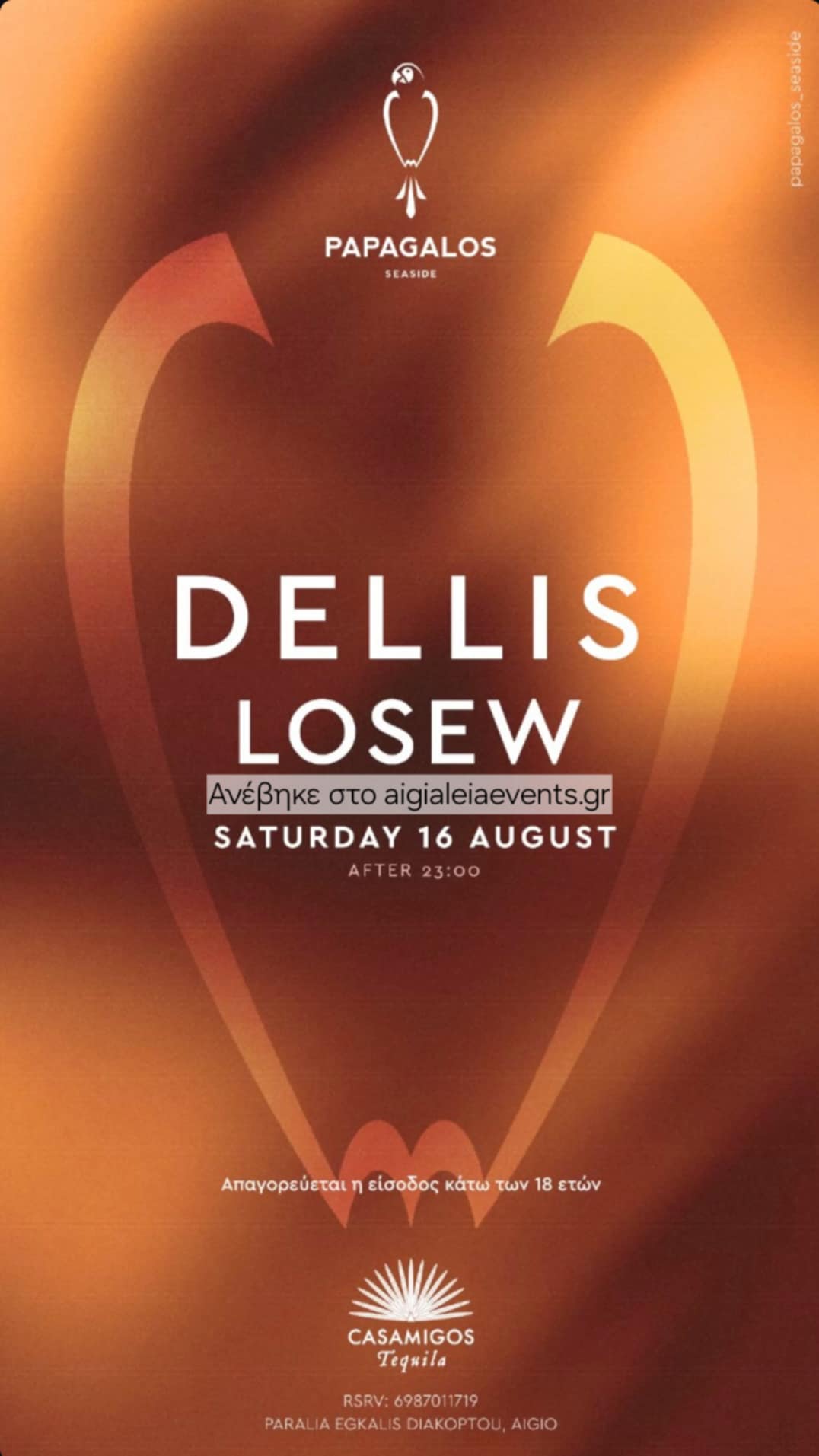 Αφίσα εκδήλωσης στο Papagalos με Dj Delli και Dj Losew στις 16 Αυγούστου 2025 και ώρα 23:00.