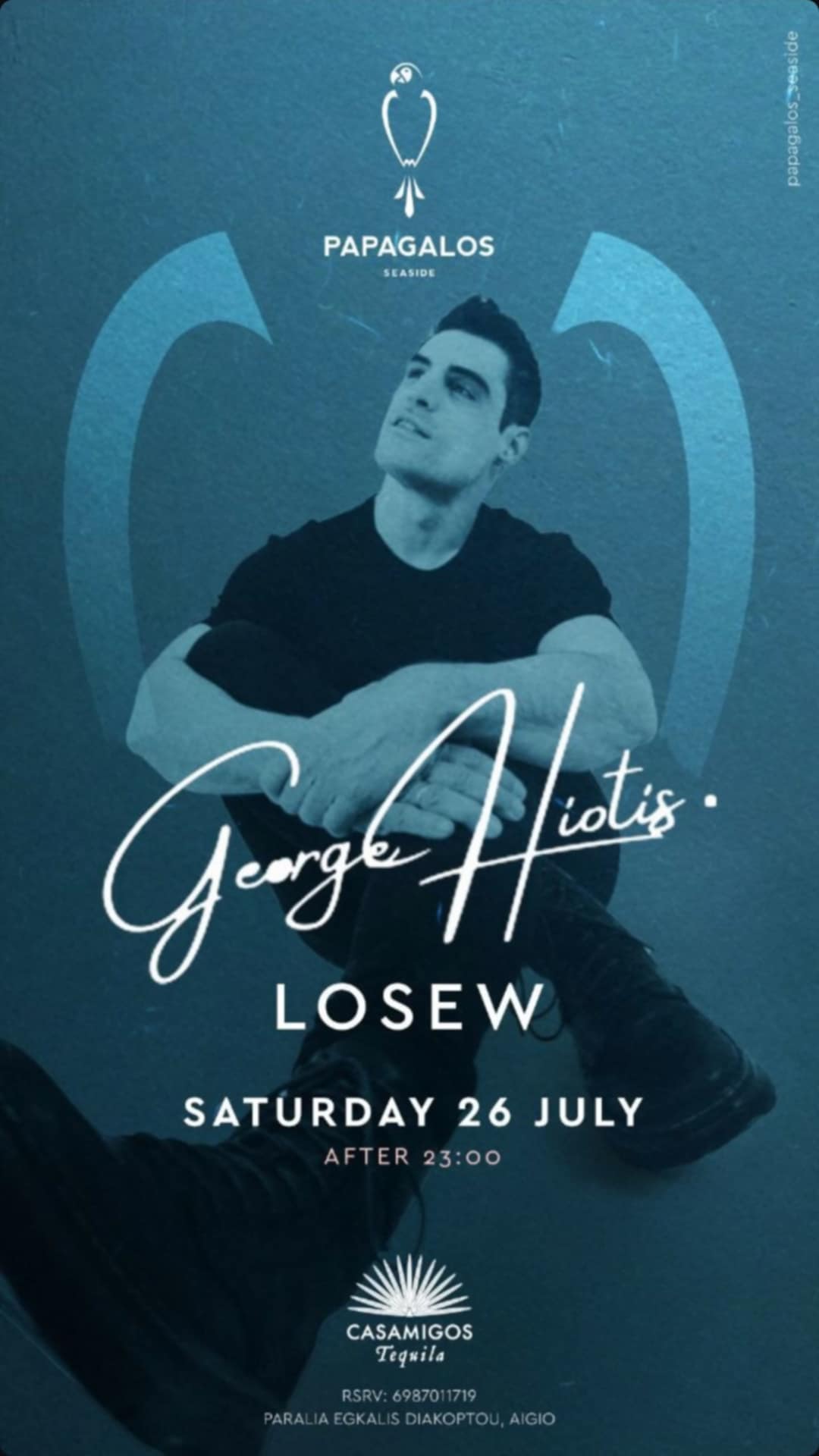 Αφίσα εκδήλωσης στο Papagalos στις 26 Ιουλίου 2025 με Dj Hioti & Dj Losew. Ώρα έναρξης 23:00.