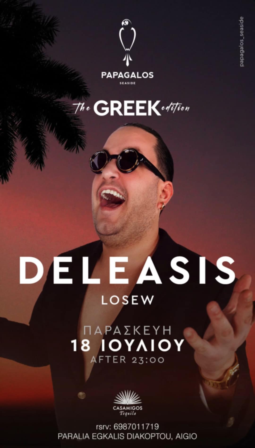 Αφίσα εκδήλωσης από το Papagalos με τον Dj Deleasi στις 18 Ιουλίου 2025 και από ώρα 23:00.