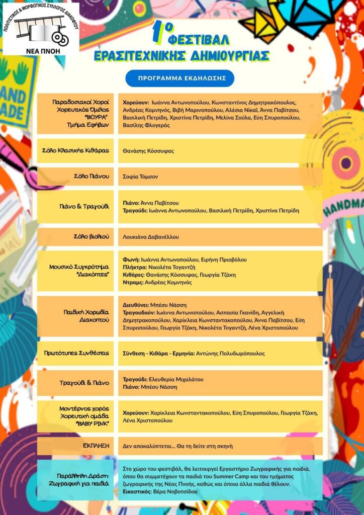 Αφίσα εκδήλωσης με το πρόγραμμα από τον πολιτιστικό σύλλογο Διακοπτού "Νέα Πνοή" στις 2 Αυγούστου 2025 στο λιμάνι Διακοπτού. 1ο φεστιβάλ ερασιτεχνικής δημιουργίας.