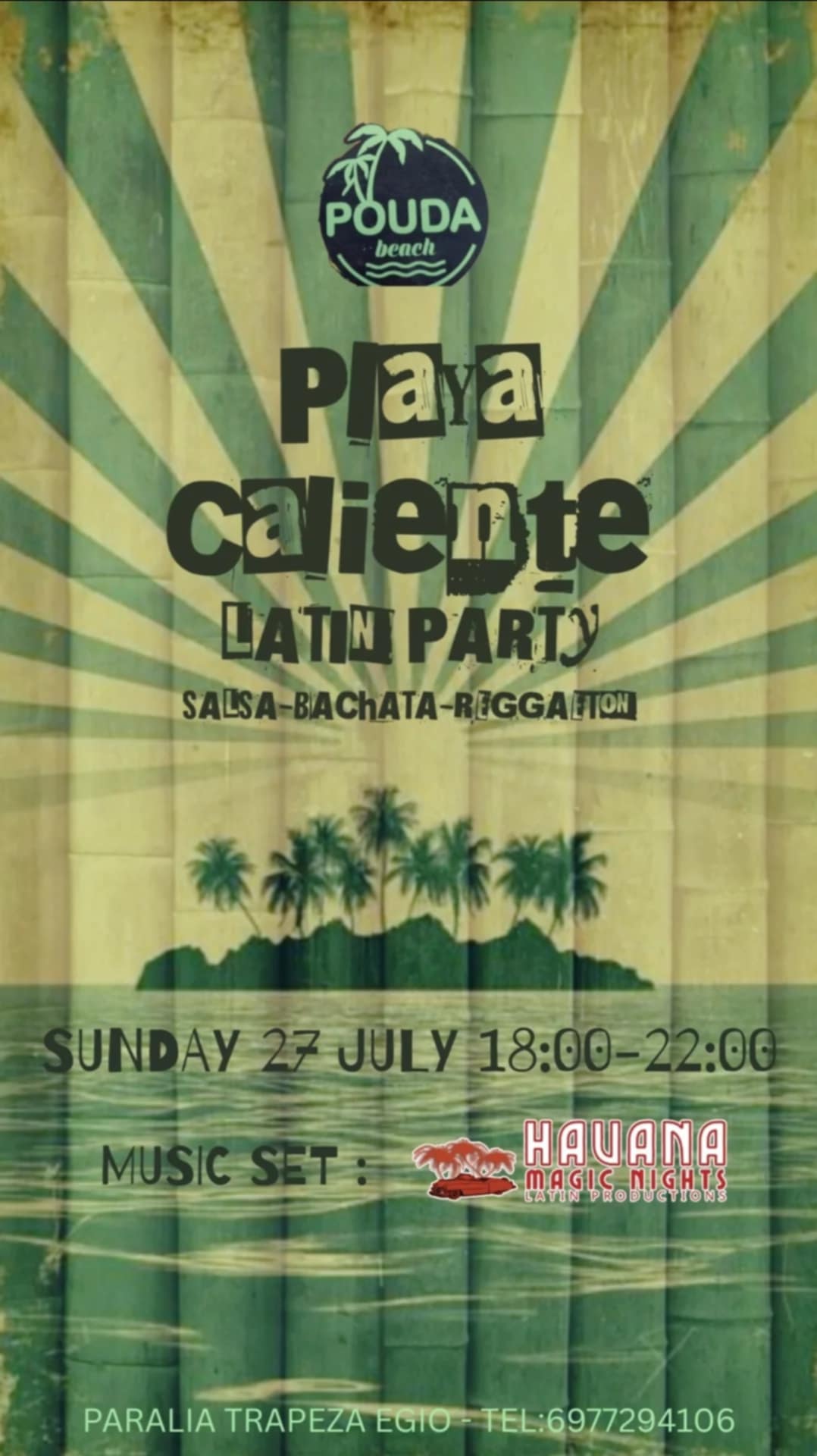 Αφίσα εκδήλωσης στο Πούντα Beach Bar με Latin Party στις 27 Ιουλίου 2025 και ώρα 18:00-22:00.