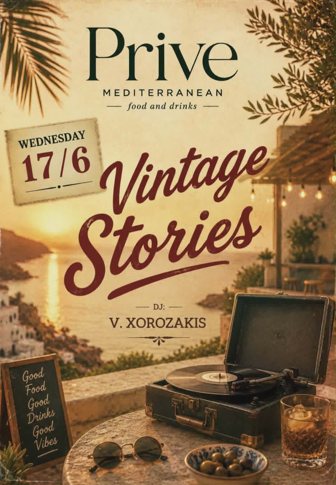 Αφίσα εκδήλωσης με "Vintage Stories" από το Prive στις 17 Ιουνίου 2026 με τον Dj V. Xorozaki.