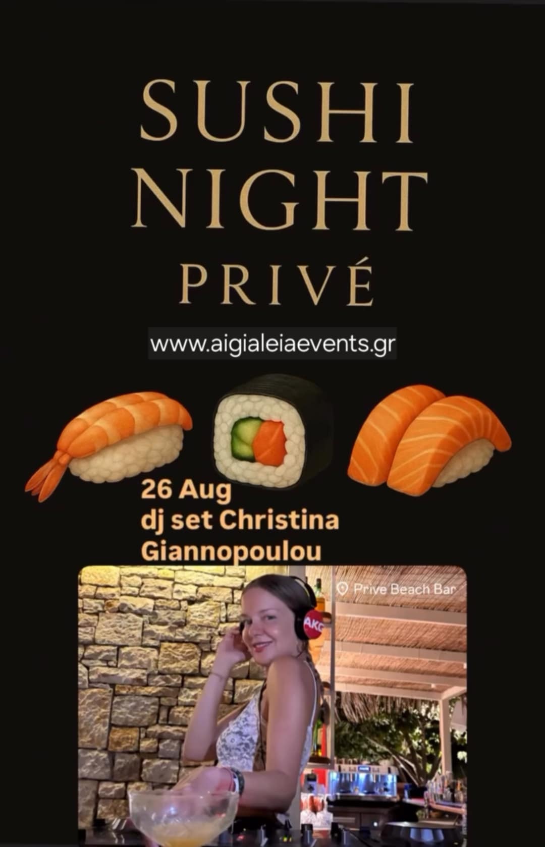 Αφίσα εκδήλωσης με Sushi & Raw night στο Prive Beach Bar και Dj Christina Giannopoulou στις 26 Αυγούστου 2025.