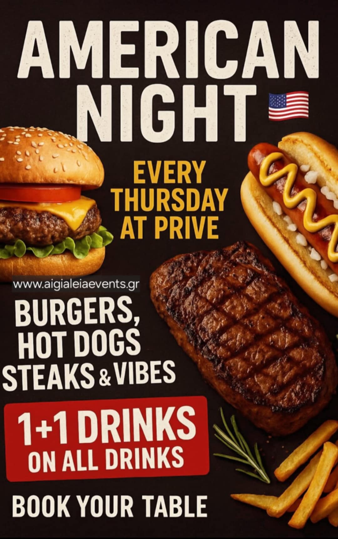 Αφίσα εκδήλωσης στο Prive Beach Bar με American Nights κάθε Πέμπτη από τις 20:00 η ώρα.