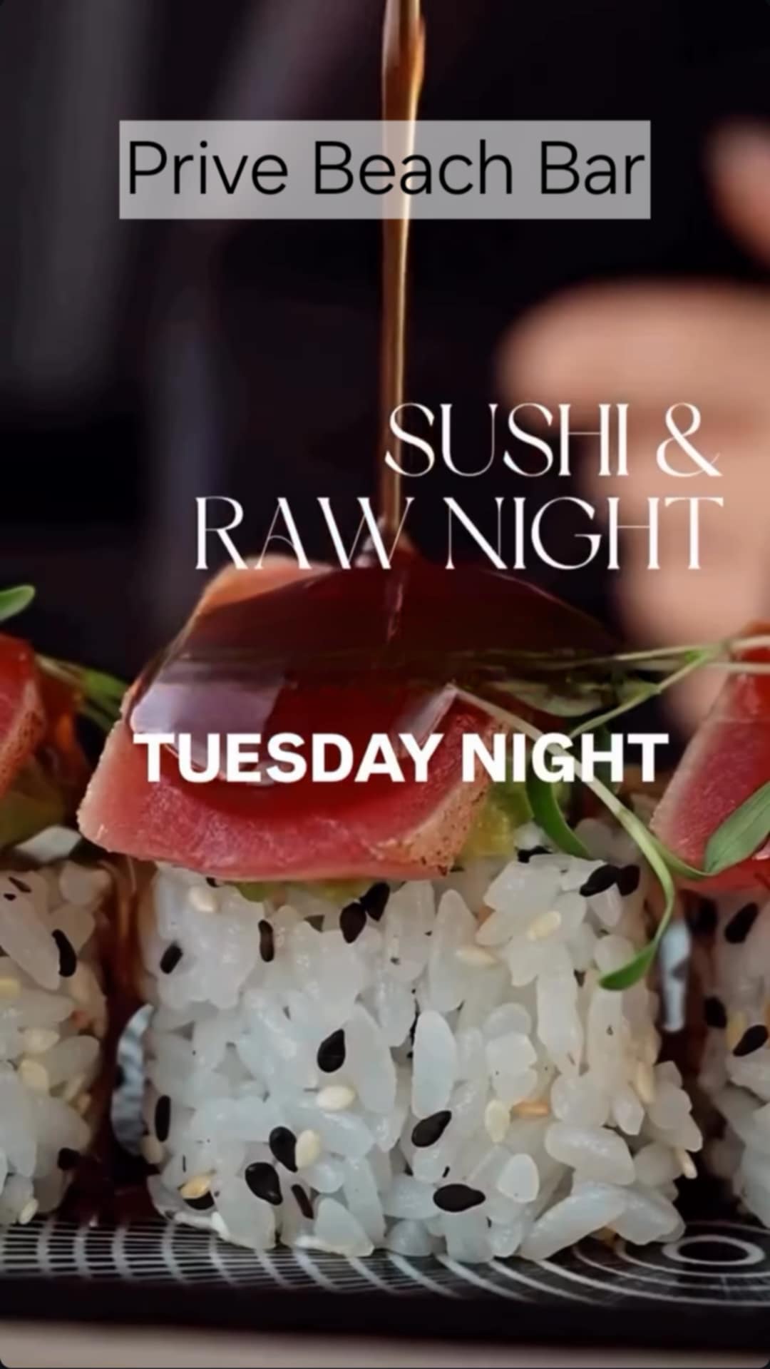 Αφίσα εκδήλωσης με Sushi night στο Prive Beach Bar στις 22 Ιουλίου 2025 και από ώρα 19:00.