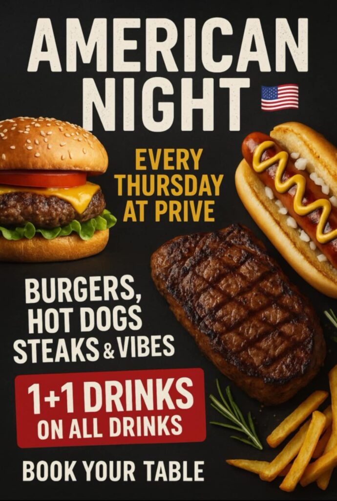 Αφίσα εκδήλωσης στο Prive Beach Bar με American Nights κάθε Πέμπτη από τις 20:00 η ώρα.