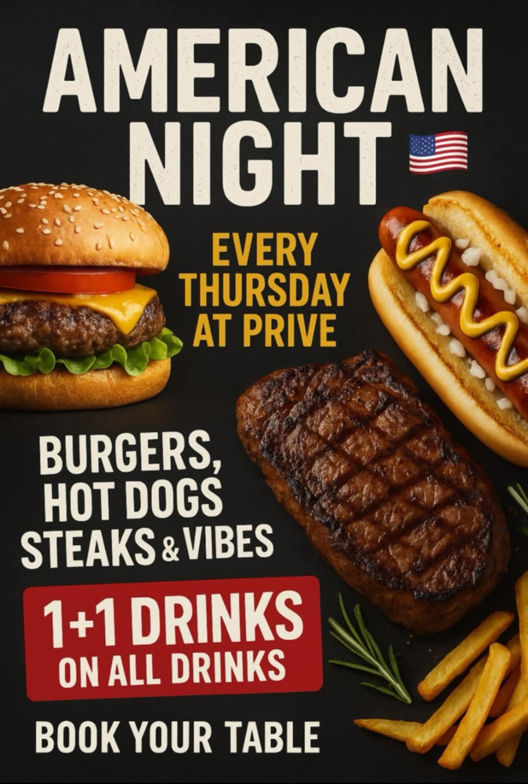 Αφίσα εκδήλωσης στο Prive Beach Bar με American Nights κάθε Πέμπτη από τις 20:00 η ώρα.