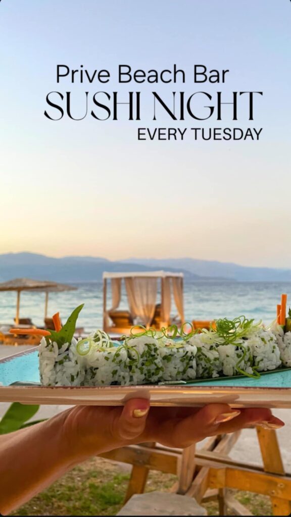 Αφίσα εκδήλωσης με Sushi night στο Prive Beach Bar στις 29 Ιουλίου 2025 και από ώρα 19:00.