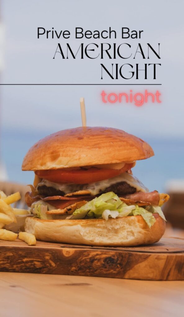 Αφίσα εκδήλωσης στο Prive Beach Bar με American Nights κάθε Πέμπτη από τις 21:00 η ώρα.