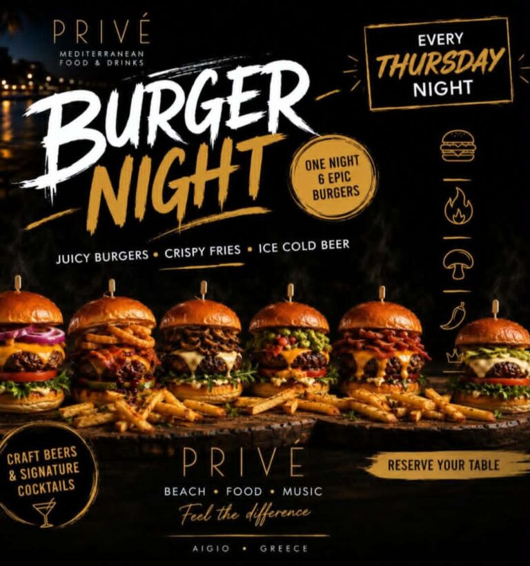 Αφίσα εκδήλωσης με Burger night στο Prive Beach Bar κάθε Πέμπτη.