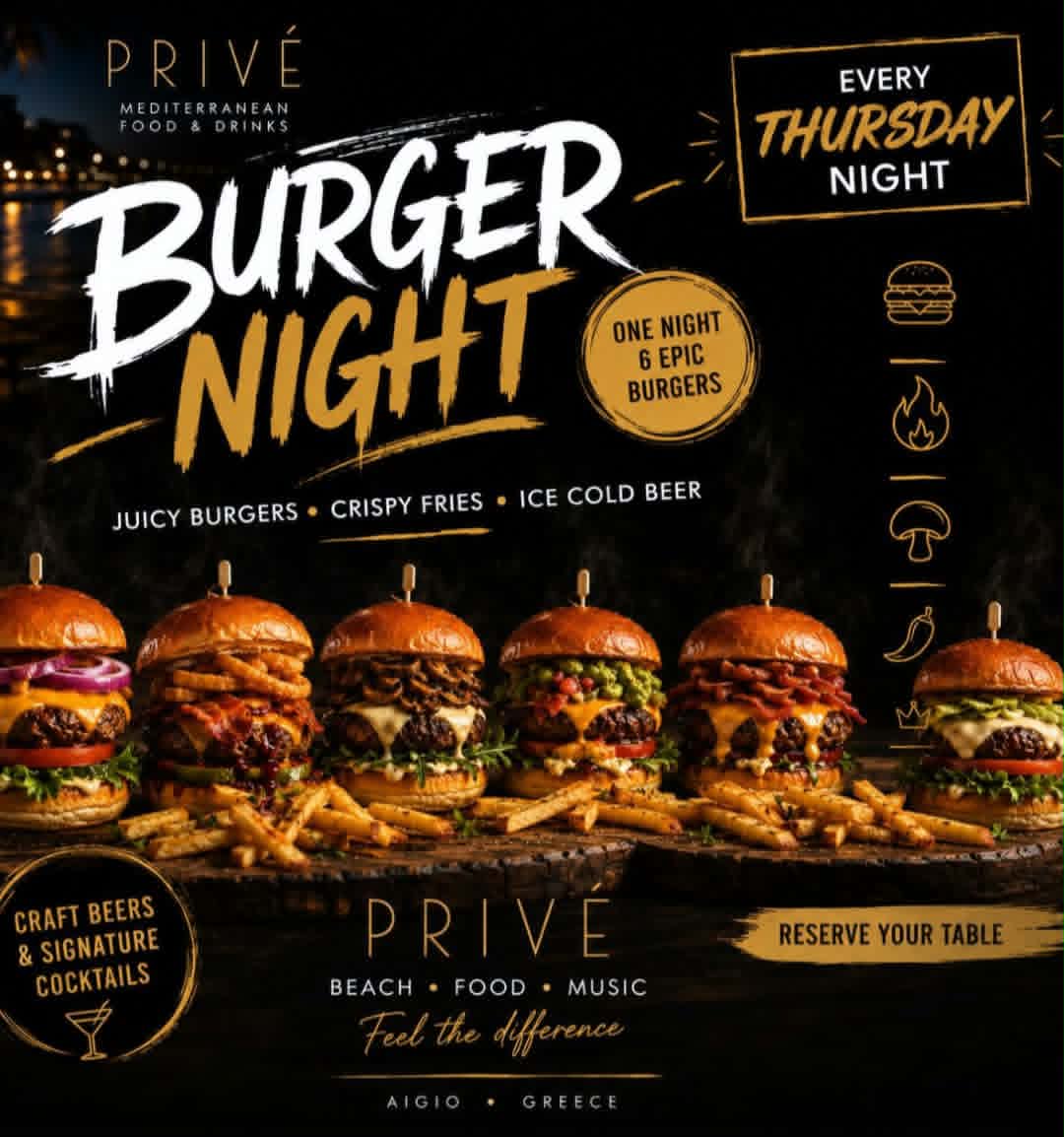 Αφίσα εκδήλωσης με Burger night στο Prive Beach Bar κάθε Πέμπτη.