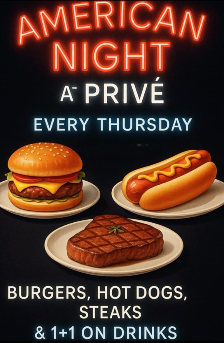 Αφίσα εκδήλωσης στο Prive Beach Bar με American Nights κάθε Πέμπτη από τις 20:00 η ώρα.