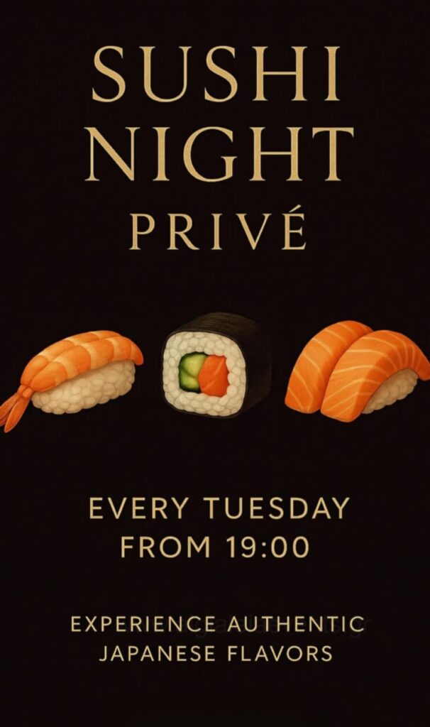 Αφίσα εκδήλωσης με Sushi night στο Prive Beach Bar στις 8 Ιουλίου 2025 και από ώρα 19:00.