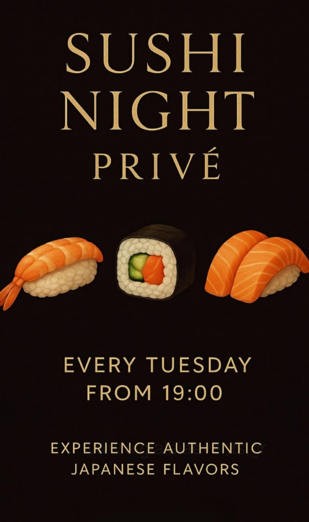 Αφίσα εκδήλωσης με Sushi night στο Prive Beach Bar στις 8 Ιουλίου 2025 και από ώρα 19:00.