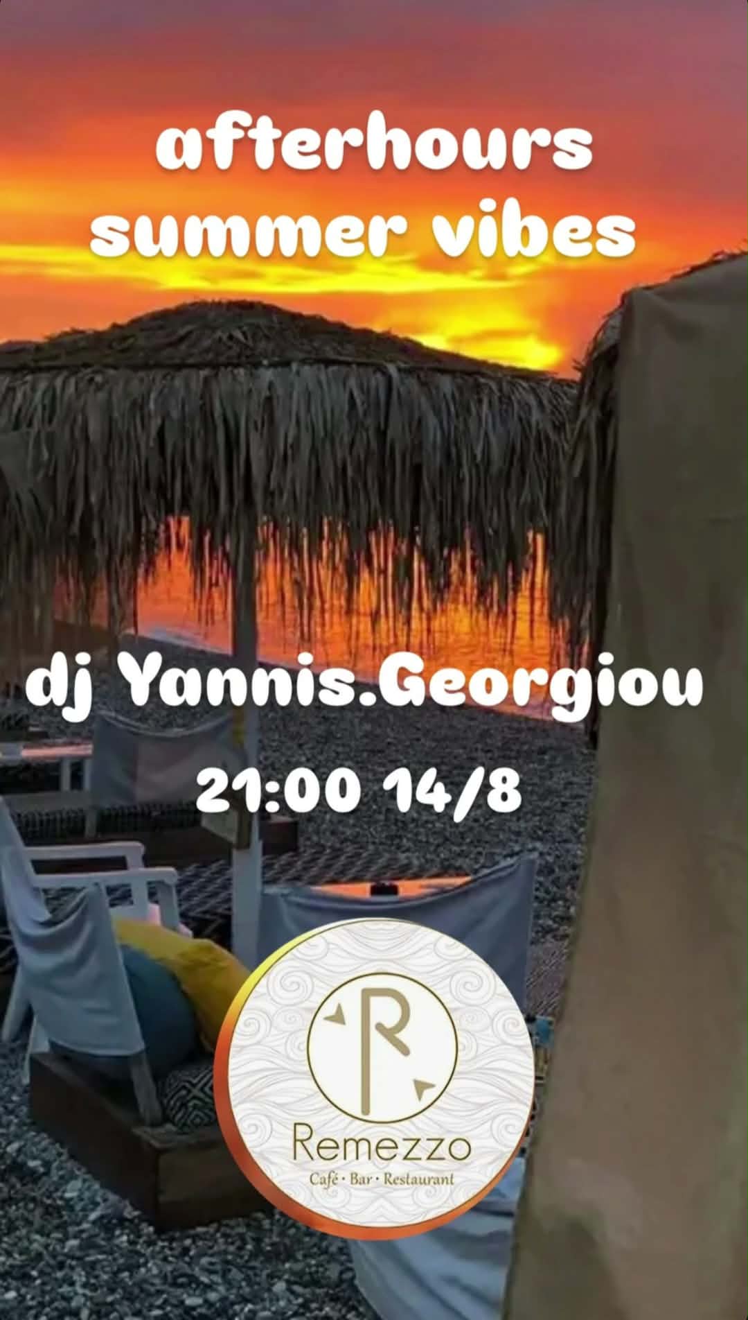 Αφίσα εκδήλωσης στο Remezzo με τον Dj Yianni Georgiou από τις 21:00 στις 14 Αυγούστου 2026