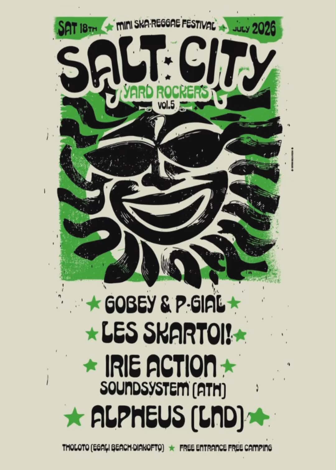 Αφίσα με συγκροτήματα που θα συμμετέχουν στο Salt City Yard Rockers Vol.5 στο Θολωτό στις 18 Ιουλίου 2026.
