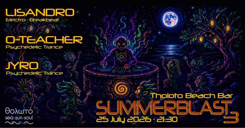 Αφίσα εκδήλωσης στο Θολωτό με Summer Blast 3 στις 25 Ιουλίου 2026 και ώρα από τις 21:30.