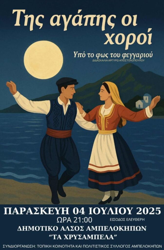 Αφίσα εκδήλωσης με τίτλο "Της αγάπης οι χοροί" στους Αμπελόκηπους Αιγιαλείας στις 4 Ιουλίου 2025 και ώρα 21:00 με ελεύθερη είσοδο.