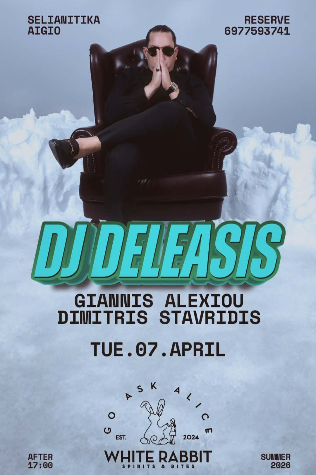 Αφίσα εκδήλωσης στο White Rabbit με τον Dj Deleasi και τους Djs Gianni Alexiou και τον Dimitri Stavridi στις 7 Απριλίου 2026 και ώρα 17:00.
