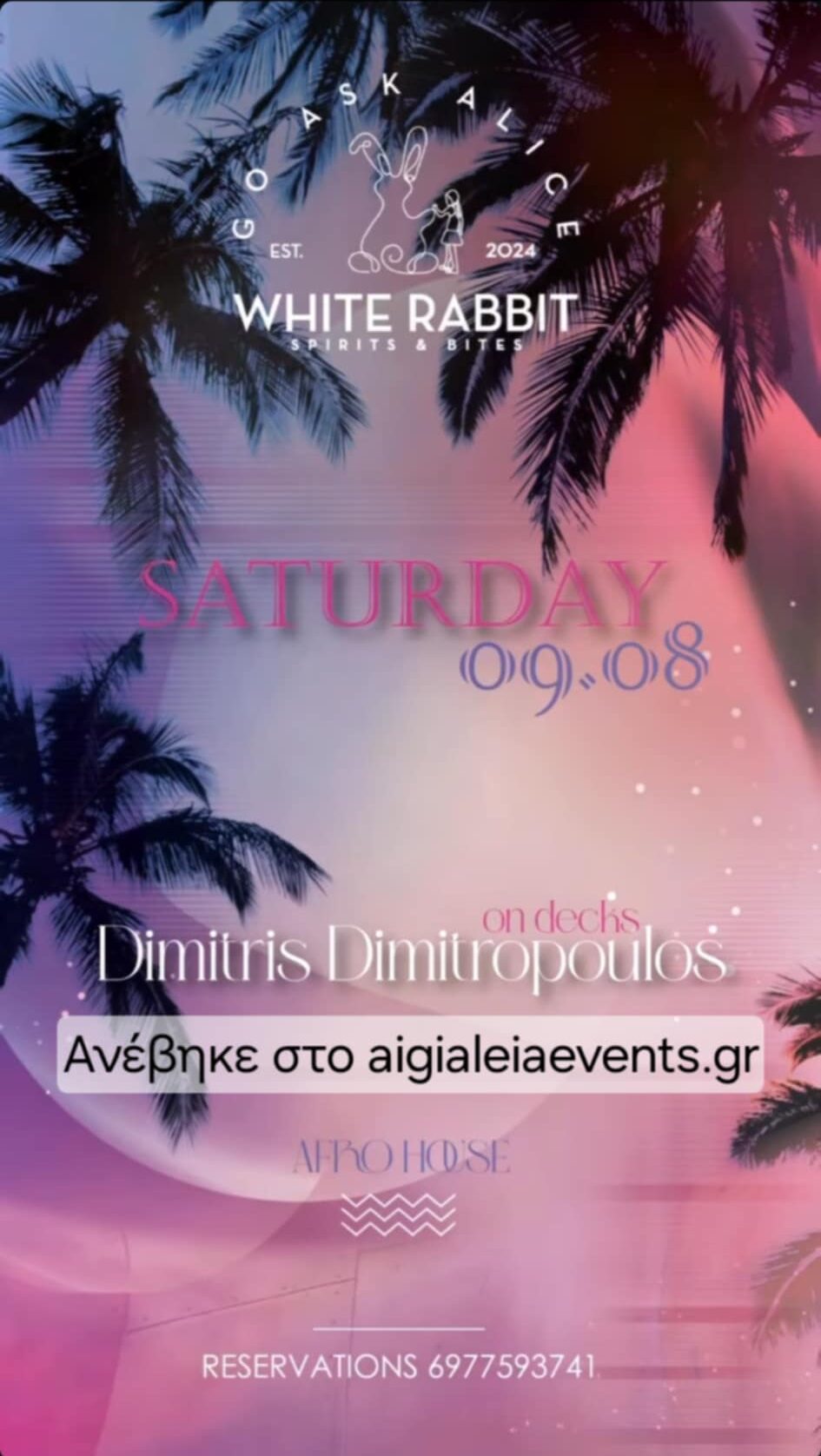 Αφίσα εκδήλωσης στο White Rabbit στις 9 Αυγούστου 2025 με τον Dimitri Dimitropoulo σε Afro House ρυθμούς.