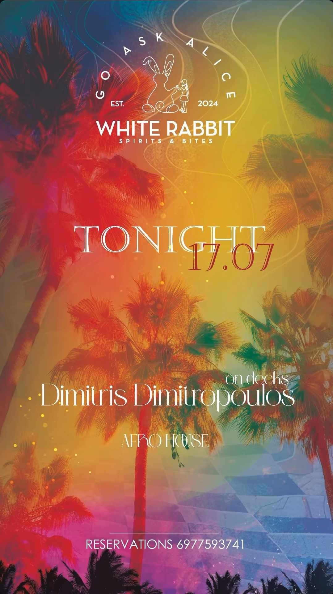 Αφίσα εκδήλωσης στο White Rabbit στις 17 Ιουλίου 2025 με τον Dimitri Dimitropoulo σε Afro House ρυθμούς.
