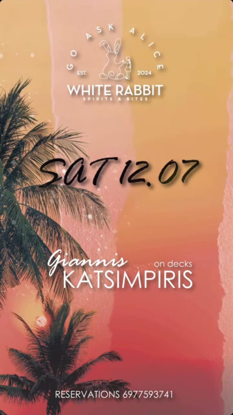 Αφίσα εκδήλωσης από το White Rabbit στις 12 Ιουλίου 2025 με Dj τον Gianni Katsimpiri.