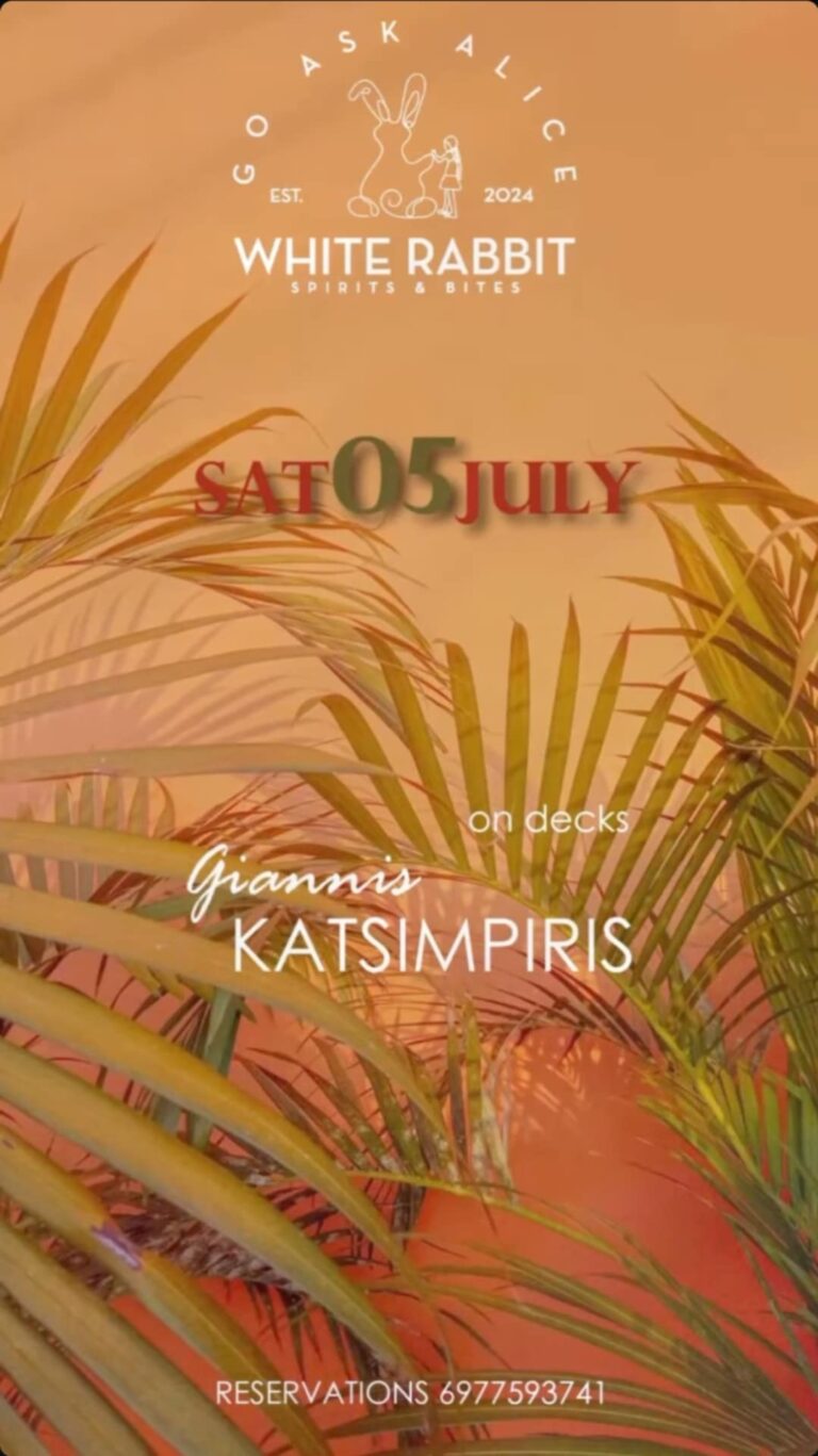 Αφίσα εκδήλωσης από το White Rabbit στις 5 Ιουλίου 2025 με Dj τον Gianni Katsimpiri.