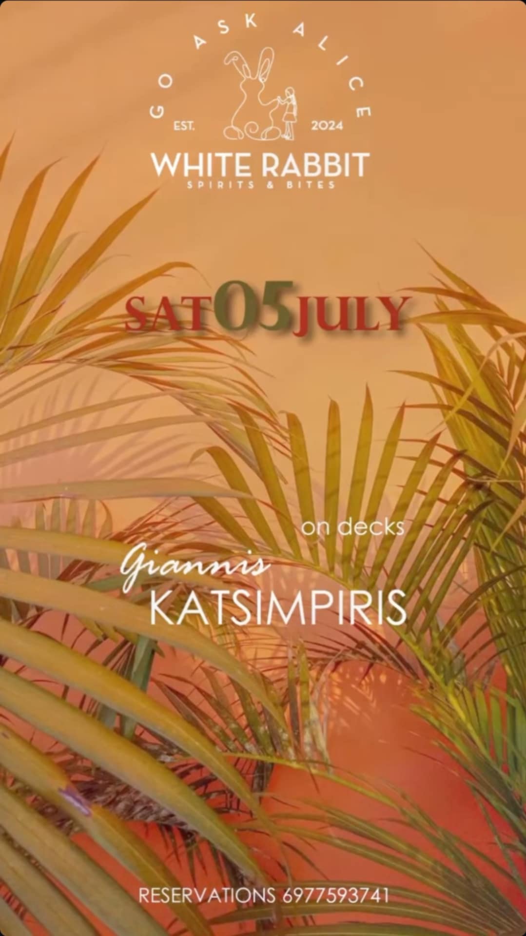 Αφίσα εκδήλωσης από το White Rabbit στις 5 Ιουλίου 2025 με Dj τον Gianni Katsimpiri.
