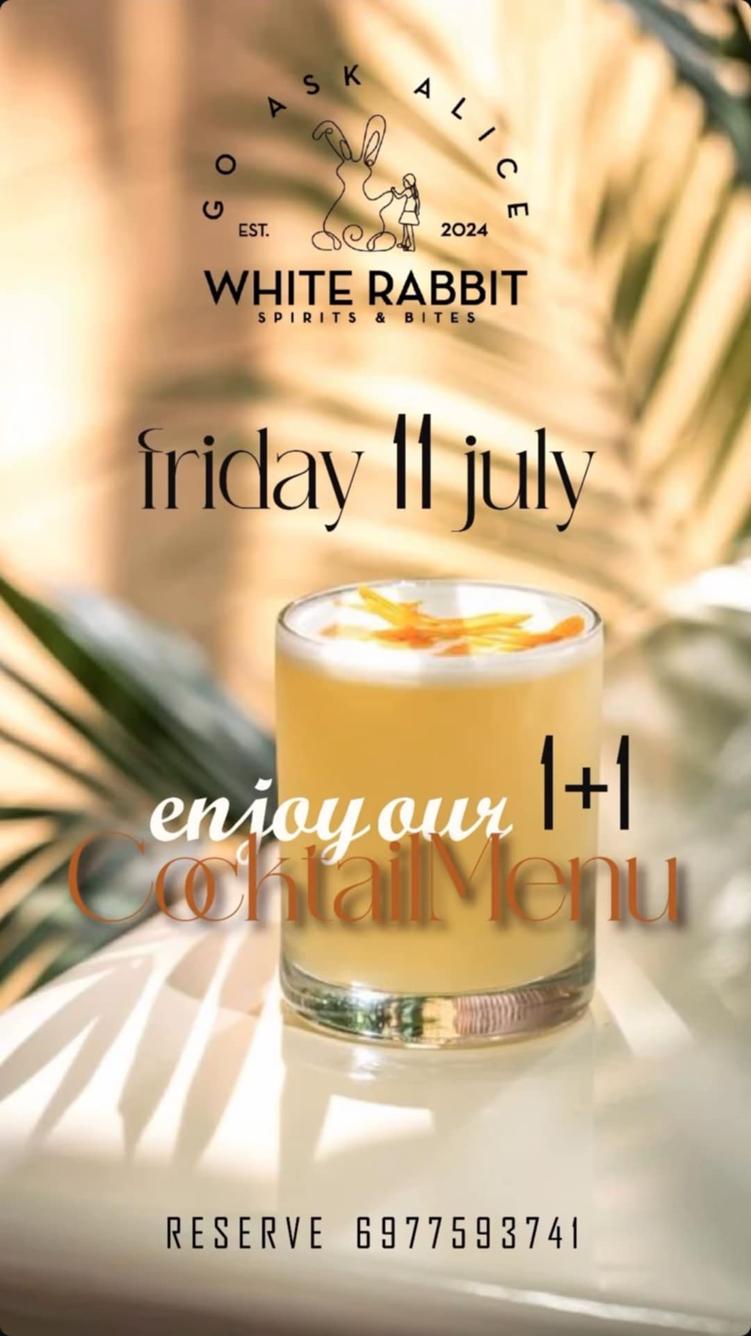 Αφίσα εκδήλωσης από το White Rabbit με 1+1 cocktail στις 11 Ιουλίου 2025.