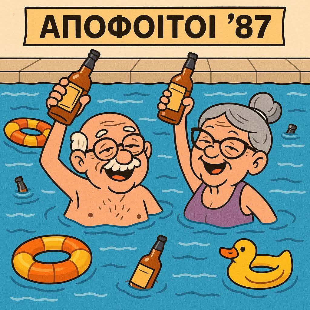 Αφίσα εκδήλωσης στη Ρέμβη στις 2 Αυγούστου 2025 ε πάρτι reunion του 1ου Γενικού Λυκείου Αιγίου τάξης 1987.